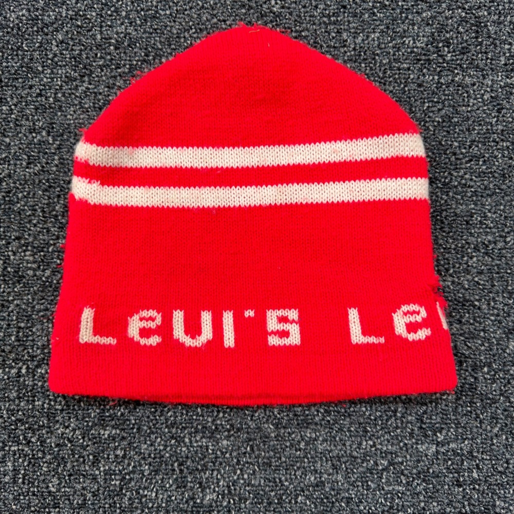 Vintage Levis Beanie Hat Red White Striped Knit‎ Logo Winter Cap Mens Womens